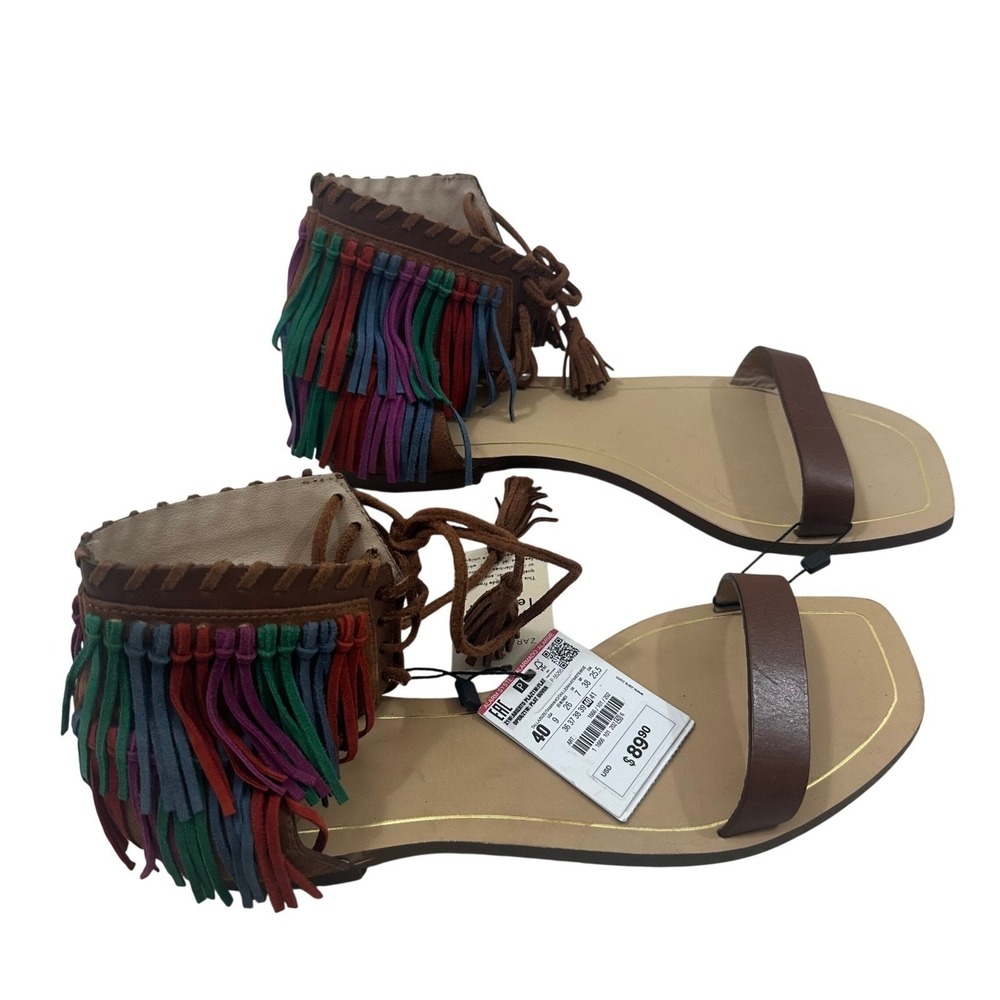 Zara Woman Leather Fringe Sandals Brown Multi Color Lace Up Boho Flat 40 NEW - Picture 4 of 8